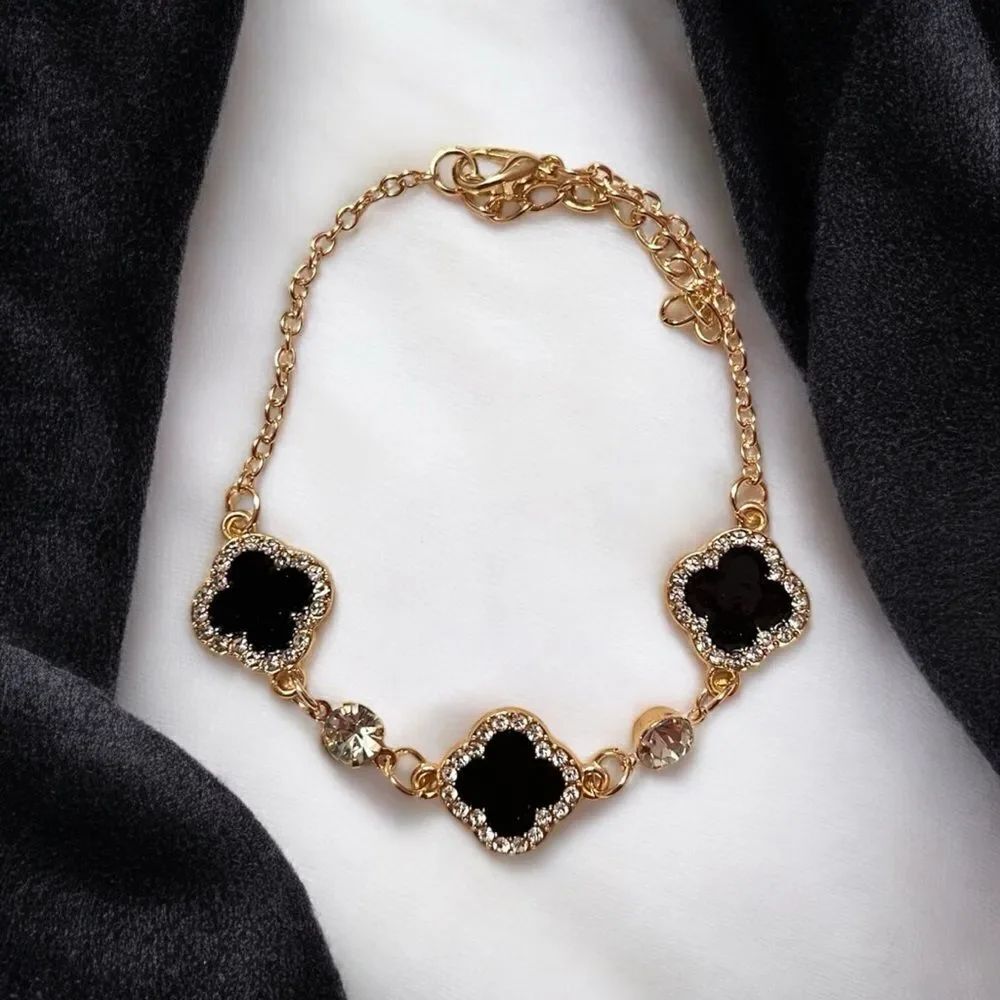 Elegant Black Clover Rhinestone Gold Tone Bracelet
